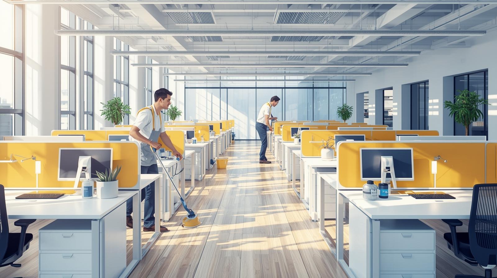 A professional cleaning service meticulously cleaning a modern office space in Berlin, showcasing a bright and tidy environment with organized workspaces and gleaming surfaces, digital art (1)